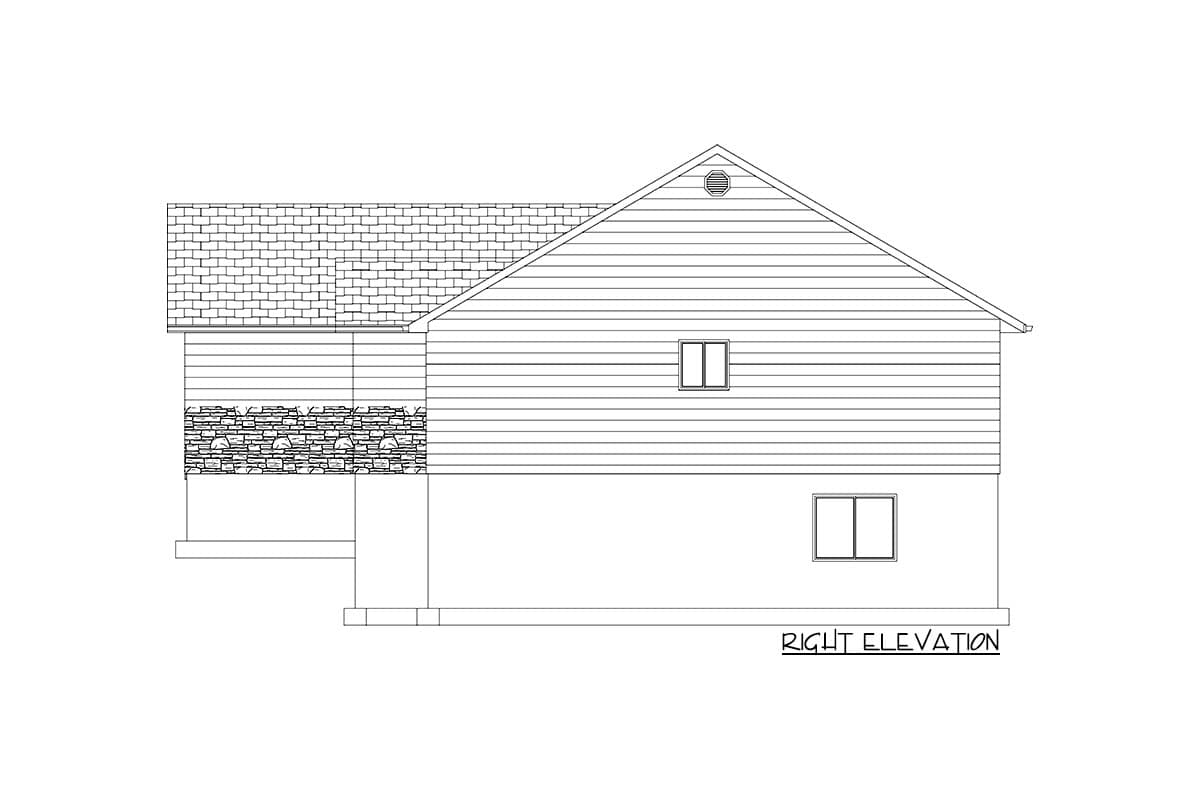 Right elevation drawing of a house plan with stacked stone base, horizontal siding, gable end with vent, and two windows.