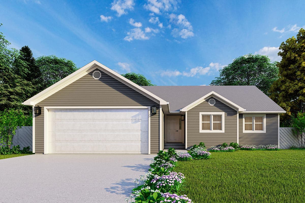 House plan exterior. Ranch style with a single story, front-facing garage, gabled roof, and small gabled entry porch.