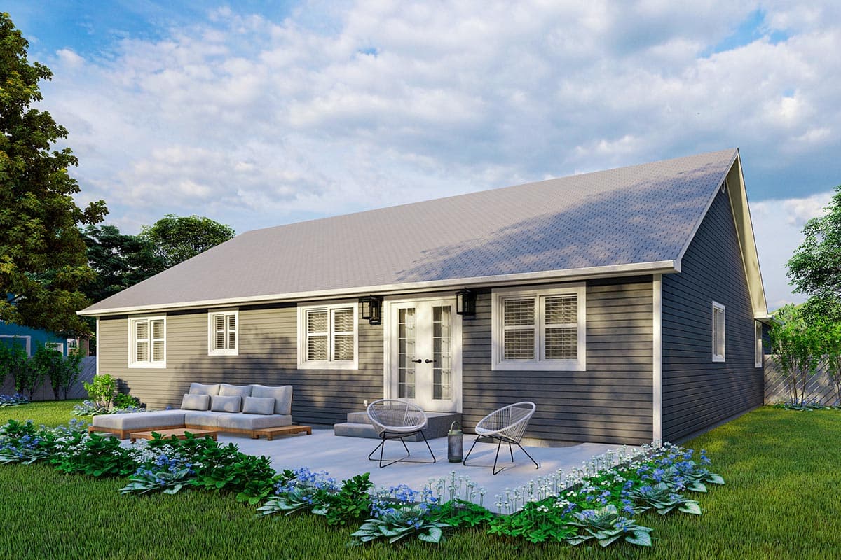 Ranch style house plan exterior with a gray exterior, white-trimmed windows, and French doors leading to a patio.