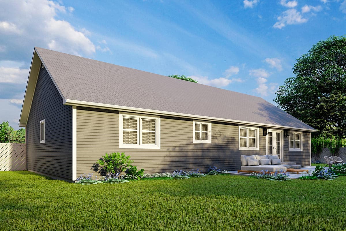 House plan exterior: One-story home with gabled roof, horizontal siding, multiple windows, and French doors leading to a patio.