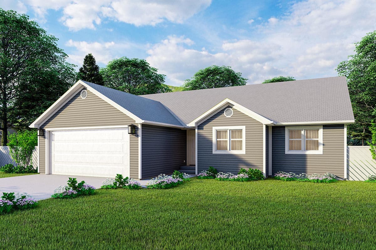 Ranch house plan exterior with a two-car garage, gabled front, and horizontal siding.