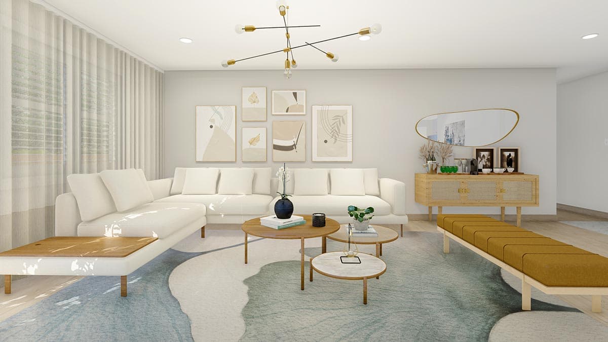Living room interior rendering with sectional sofa, cluster coffee tables, wall art, rattan console, and bench seating.