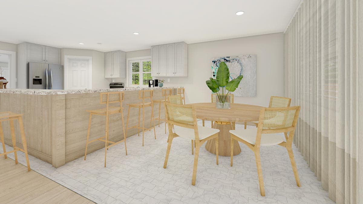 Kitchen and dining area rendering with a large island, bar stools, a round dining table with chairs, and light wood cabinets.