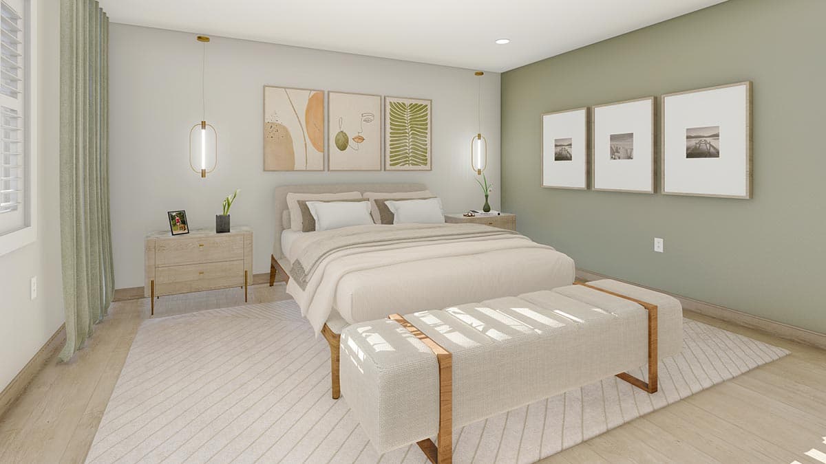 Bedroom rendering with upholstered bed, two nightstands, bench, and abstract art on walls.