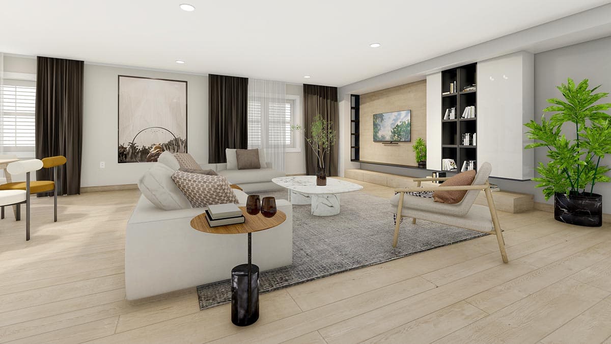 Contemporary living room with a white sectional sofa, marble coffee table, built-in entertainment center, and large windows.