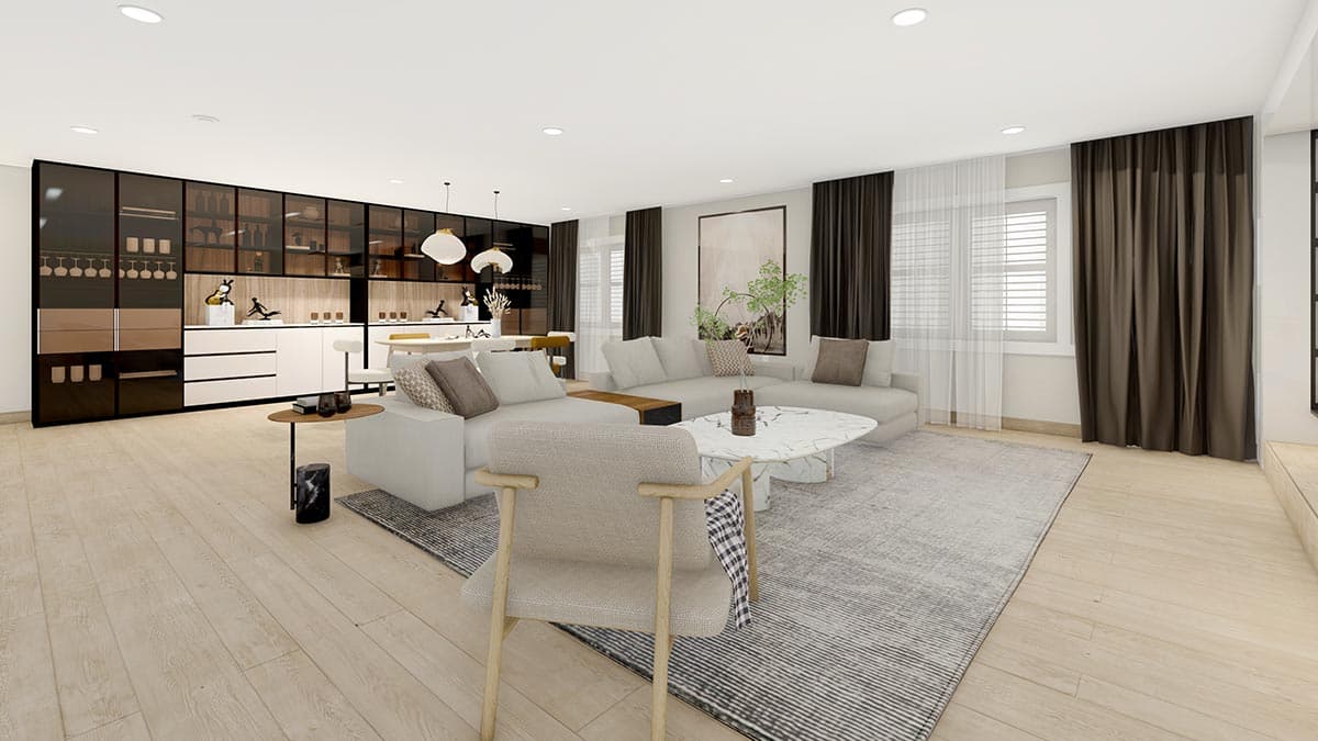 Open concept living and dining area with sectional sofa, marble coffee table, and a modular kitchen cabinet system.