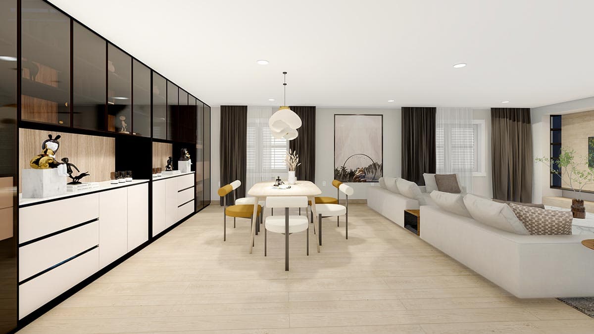 Interior rendering of an open-concept living and dining area with a modular sofa, dining set, and built-in storage units.