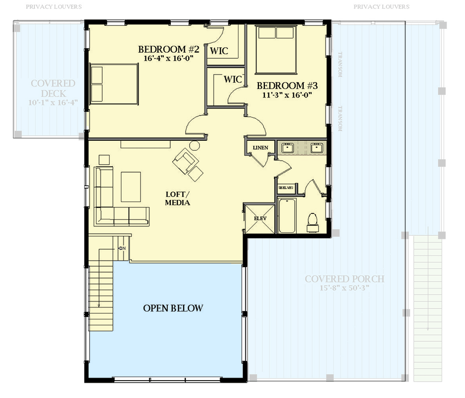 Plan 46486LA: Exclusive 3-Story Multi-Generational Modern House Plan with Independent Ground Level Apartment - Floor Plan - 2nd Floor - Contemporary, Modern, Northwest