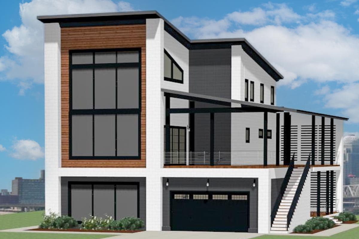 House plan exterior. Modern style, two-story home with a flat roof, large windows, and a detached garage. Includes a covered patio area.