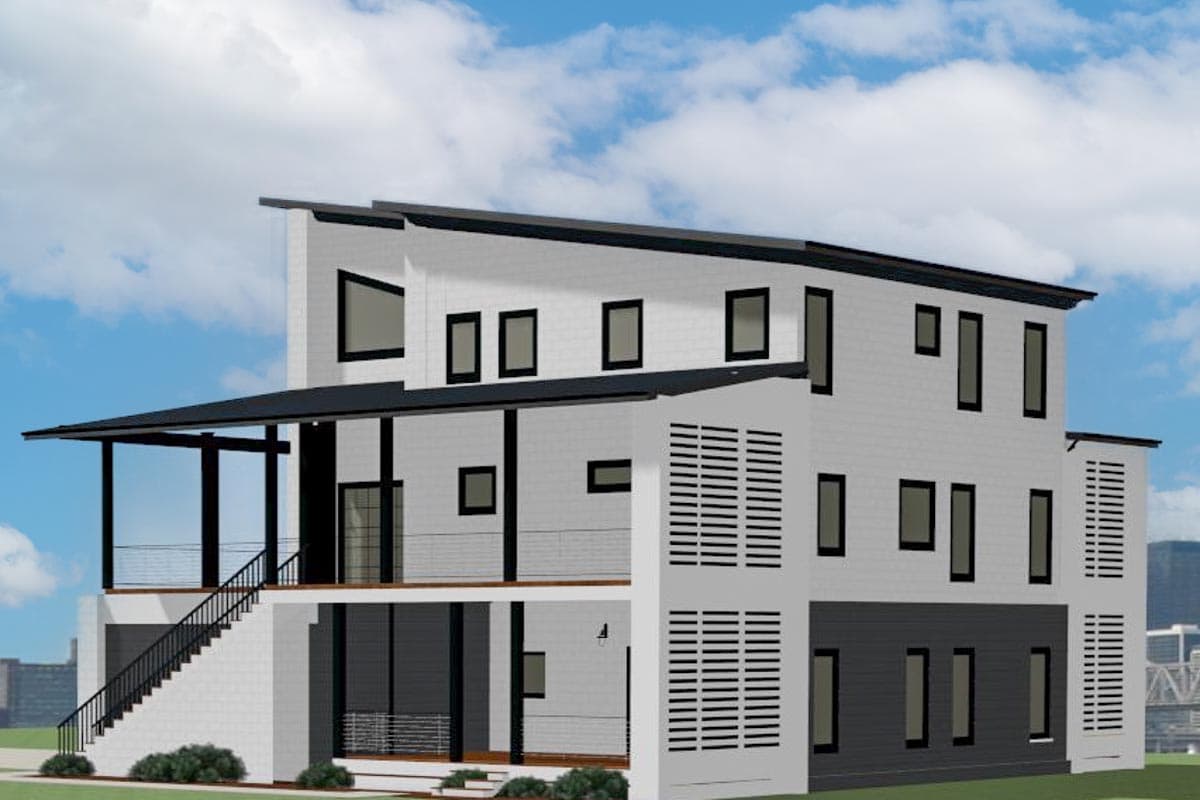 Modern house plan exterior, three stories, with cantilevered upper levels, covered deck, and large windows.