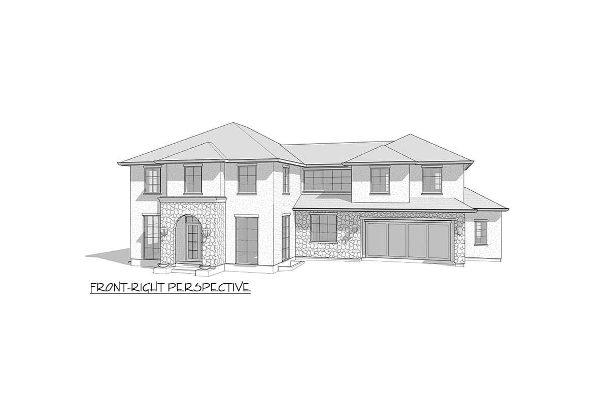 House plan exterior perspective showing a two-story residence with stone accents, arched entry, and a multi-panel garage door.