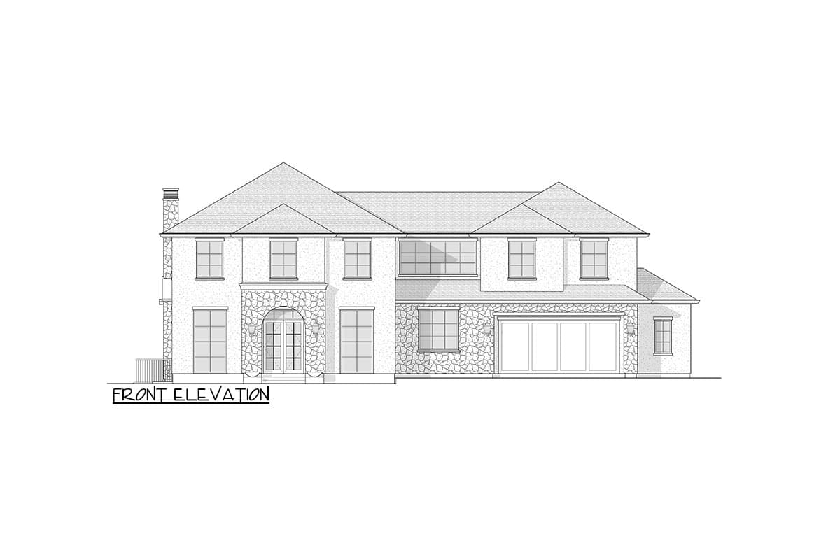 Front elevation house plan showing a two-story home with stone accents, arched double doors, multiple gables, and a garage.