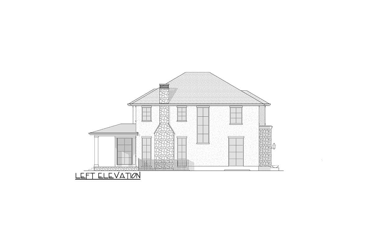 Left elevation of a two-story house plan featuring a stone chimney, covered patio, and stone accents.