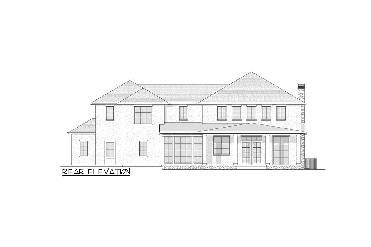 Rear elevation drawing of a two-story house with a covered porch, large windows, and a stone chimney.