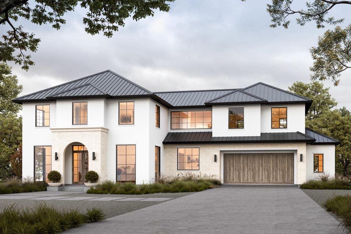 House plan exterior. Two-story, Modern style home with metal roof and stone facade. Features include a portico, multiple gables, and attached garage.