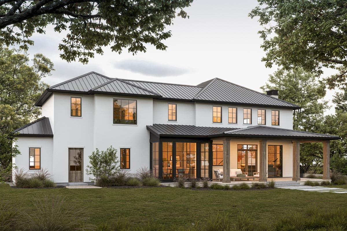 House plan exterior: Two-story white house with metal roof, large windows, and covered porch with timber columns.