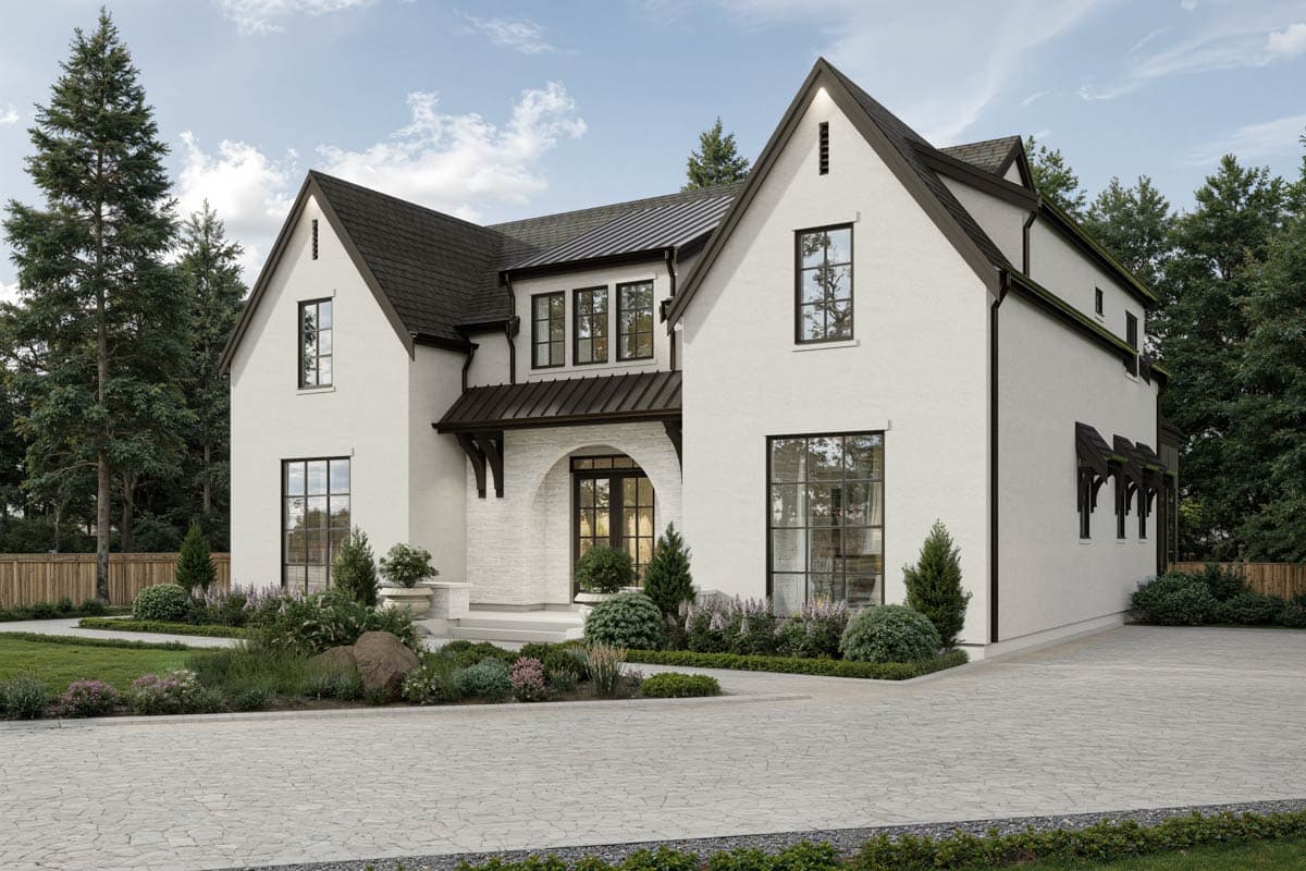 House plan exterior, two stories, white stucco finish, dark metal roof, gables, arched entry, and black framed windows.