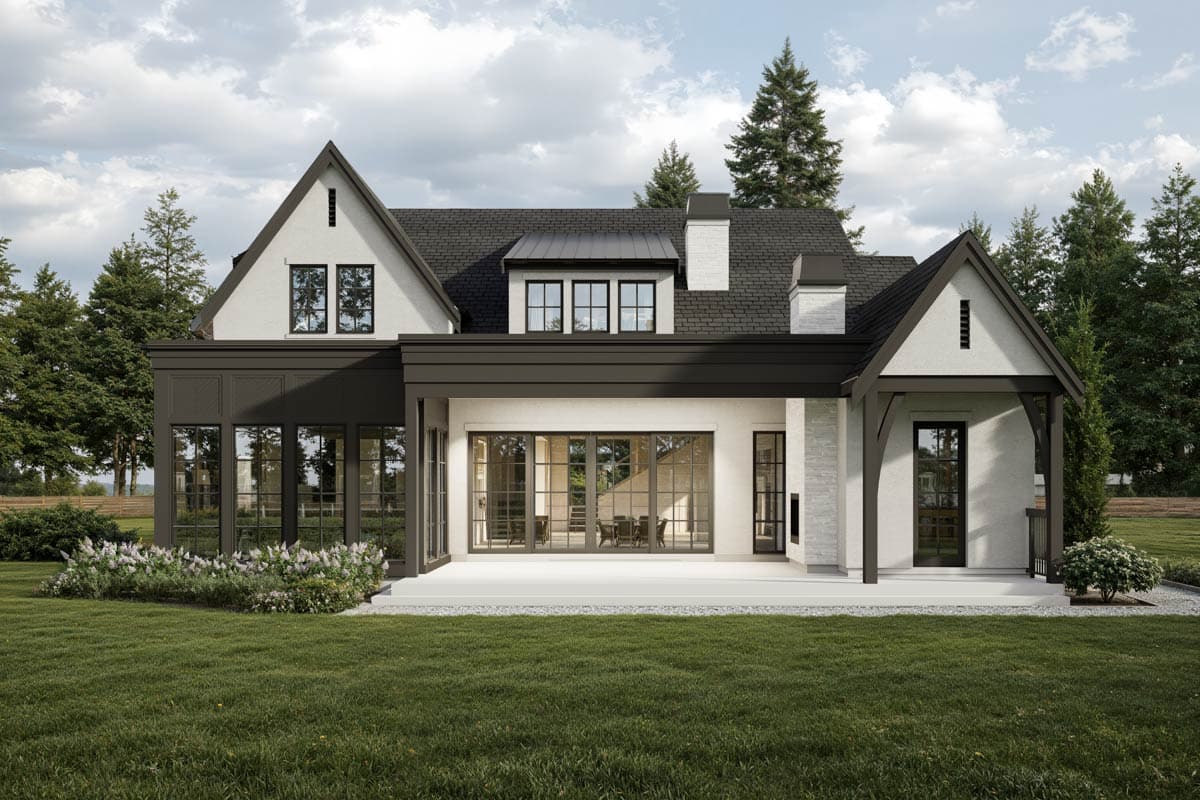 House plan exterior: Modern design with multiple gables, large windows, dark trim, and a covered patio.