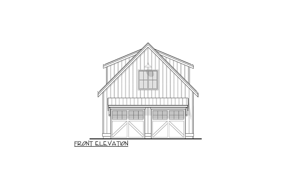 Front elevation drawing of a two-story house plan with a steeply pitched gable roof, vertical siding, and two garage doors.