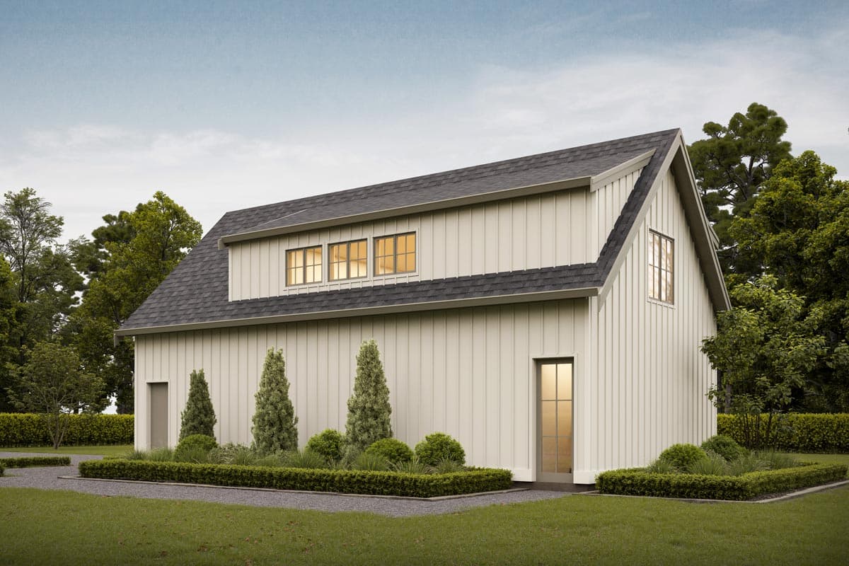 Modern farmhouse house plan exterior with vertical siding, dormer windows, and a gable roofline.
