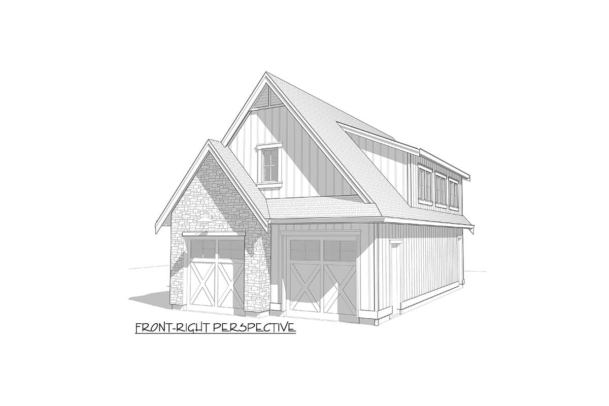 House plan exterior: Modern Farmhouse style with two garages, stone accents, board and batten siding, and dormer windows.