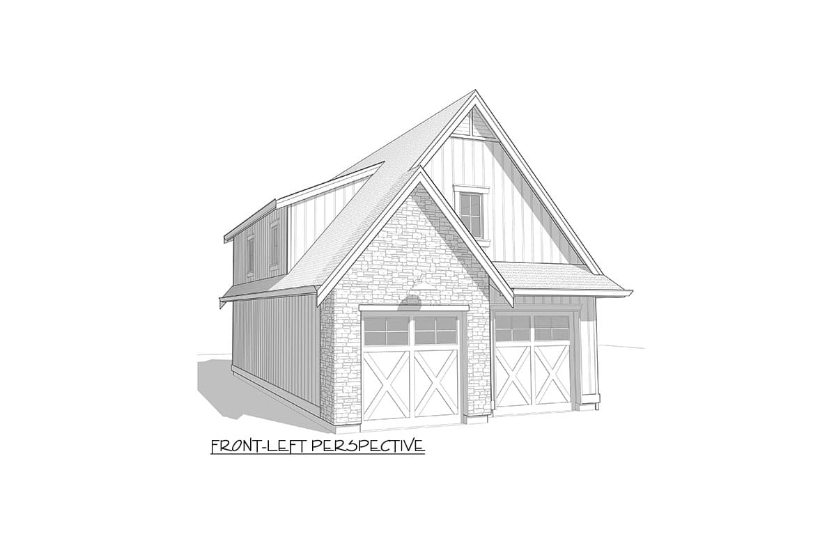 Architectural drawing of a two-story house plan exterior with stone and board-and-batten siding, featuring two garage doors.
