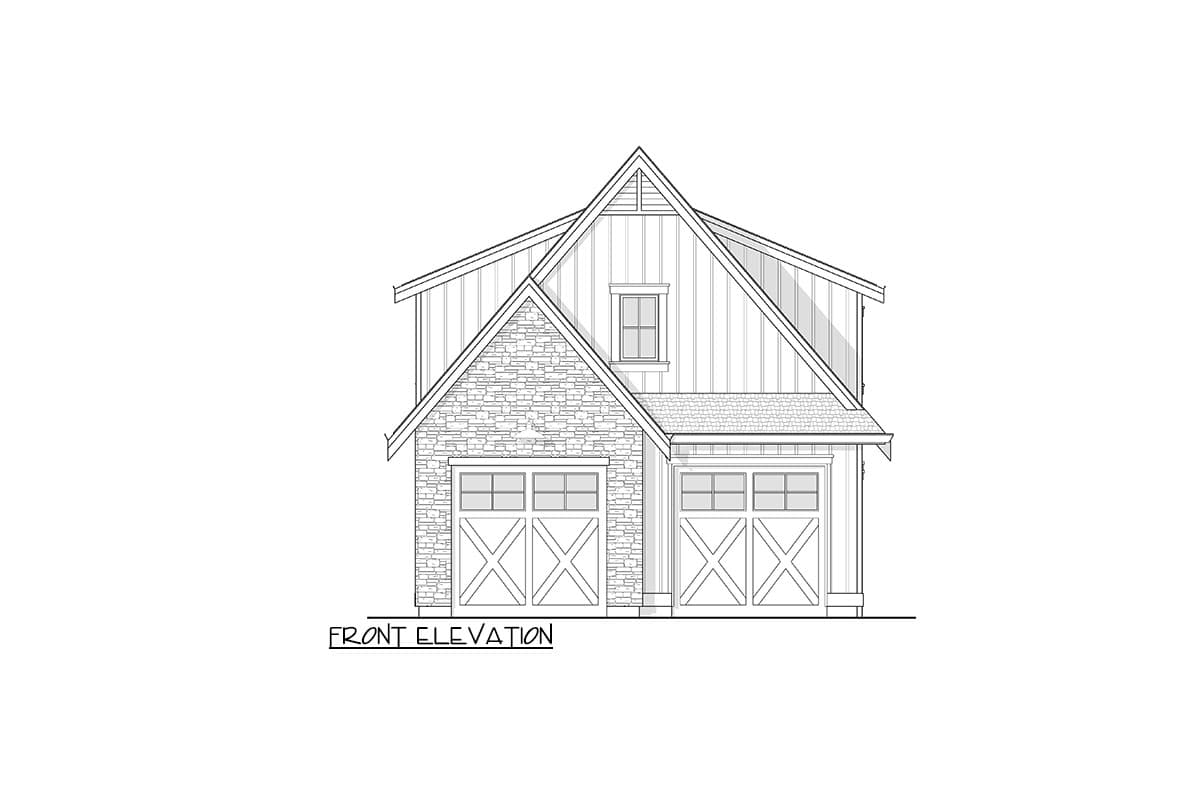 Front elevation house plan with stone veneer, board and batten siding, steep gables, and two garage doors.