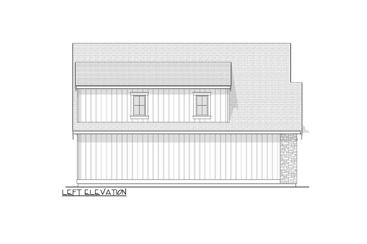 Left elevation house plan with vertical siding, two upper windows, and a stone-clad base.
