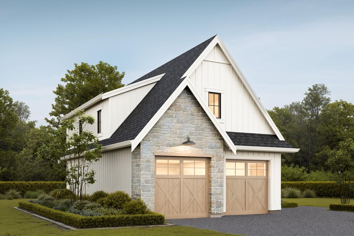 Modern Farmhouse style house plan exterior with two garage bays, stone accents, and board and batten siding.