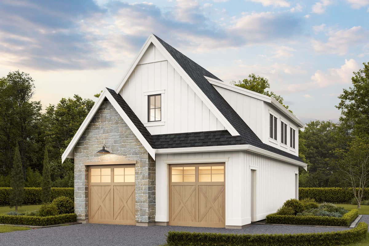 House plan exterior. Modern Farmhouse style with two stories, stone accents, two-car garage with gabled roof, and dormers.