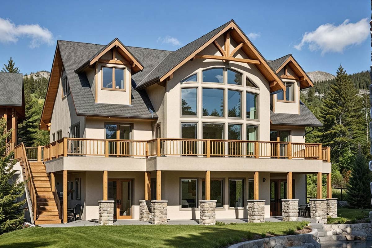 House plan exterior: Two-story design with metal roof, exposed timber beams, wraparound deck, and stone-clad support columns.