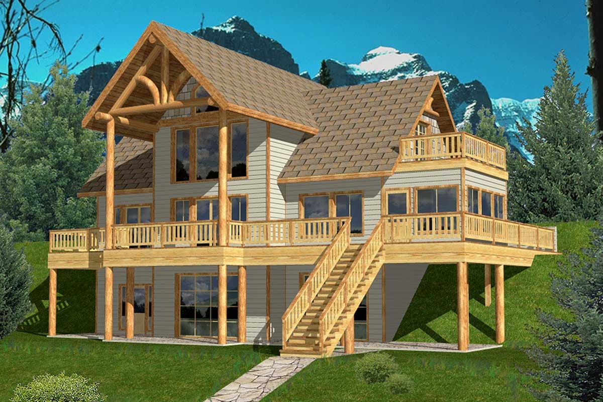 Log home plan exterior with multiple levels, extensive wooden decks, large windows, and prominent gable rooflines.