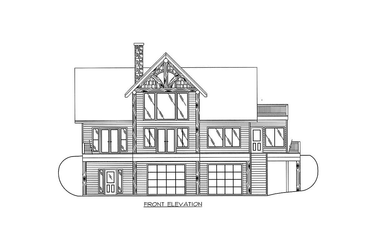 Front elevation drawing of a multi-story house plan with gabled dormer, prominent chimney, multiple windows, and a three-car garage.