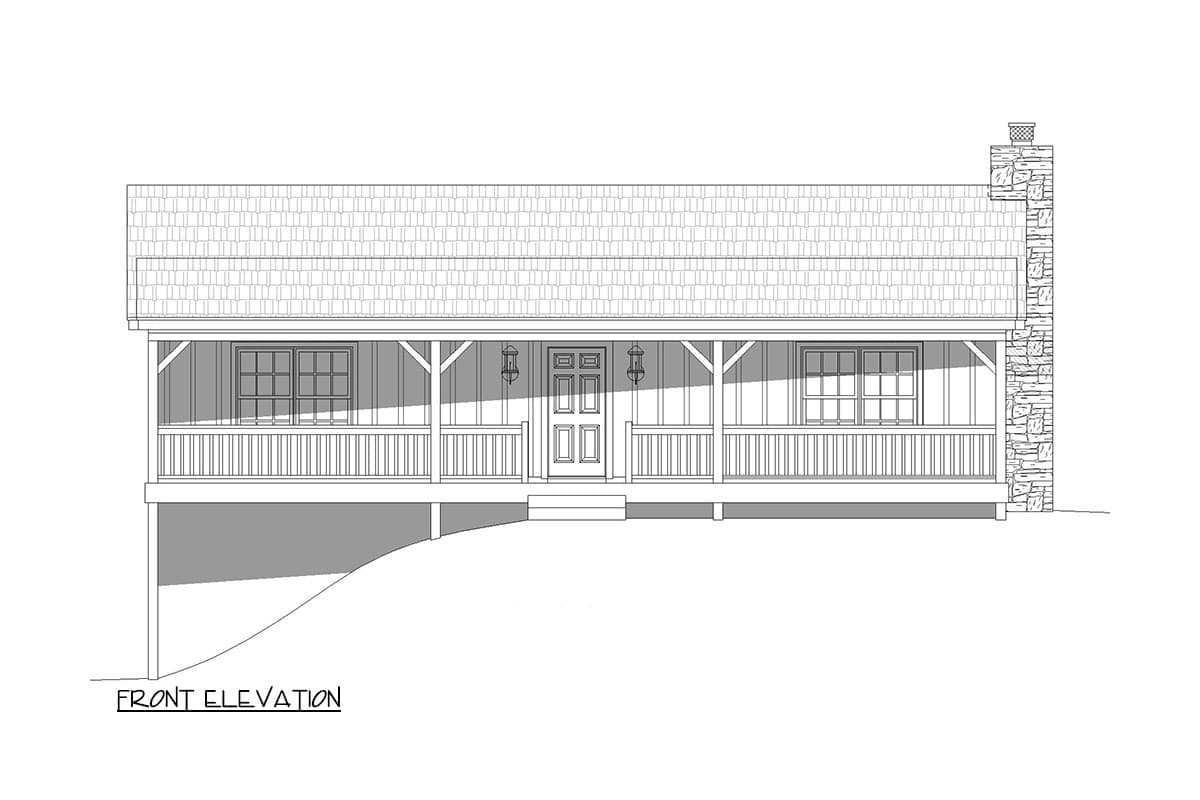 Front elevation drawing of a single-story house with a covered porch, double front door, and stone chimney.