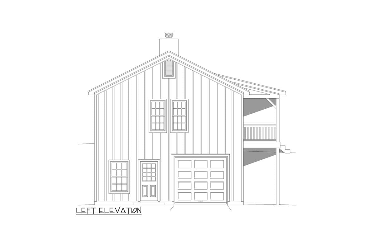 Left elevation of a house plan showing a two-story structure with a garage, porch, and vertical siding.