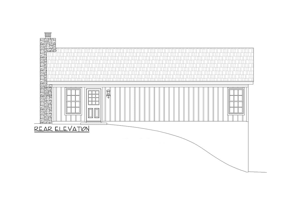 Rear elevation drawing of a house plan showing a stone chimney, double doors with multi-pane glass, and board-and-batten siding.
