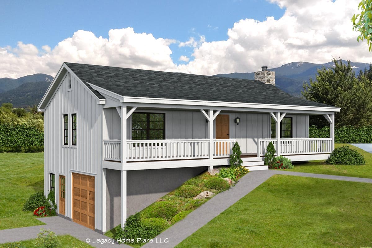 House plan exterior. Two-story, farmhouse-style home with front porch, gabled roof, and garage below the porch.