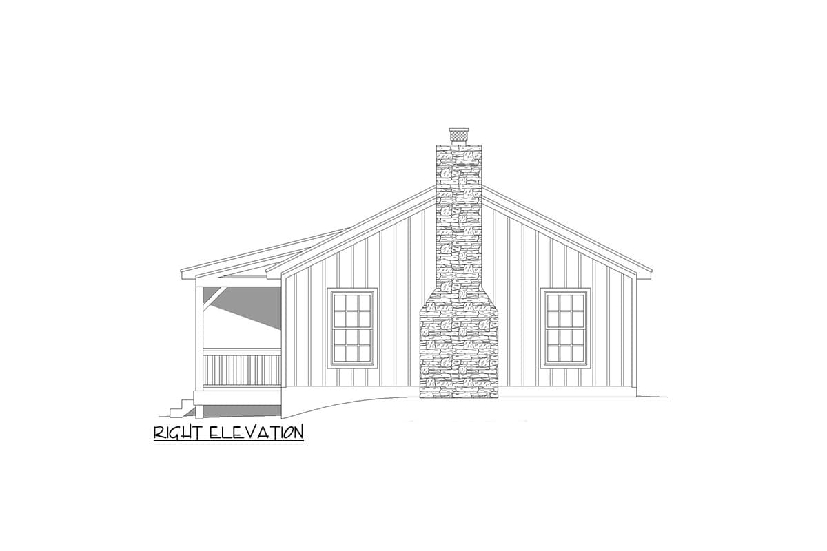 Right elevation house plan featuring board and batten siding, stone chimney, and covered porch.