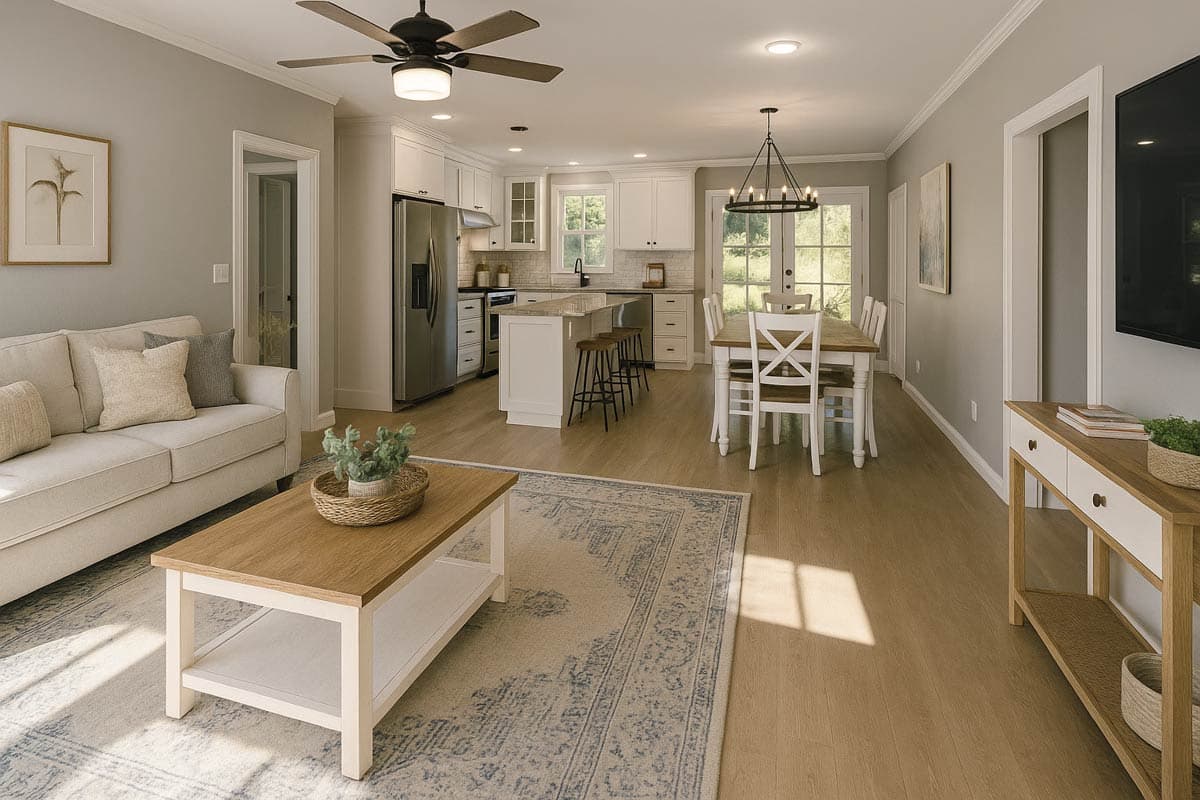 Open-concept living space with kitchen island, dining area, and living room furniture.