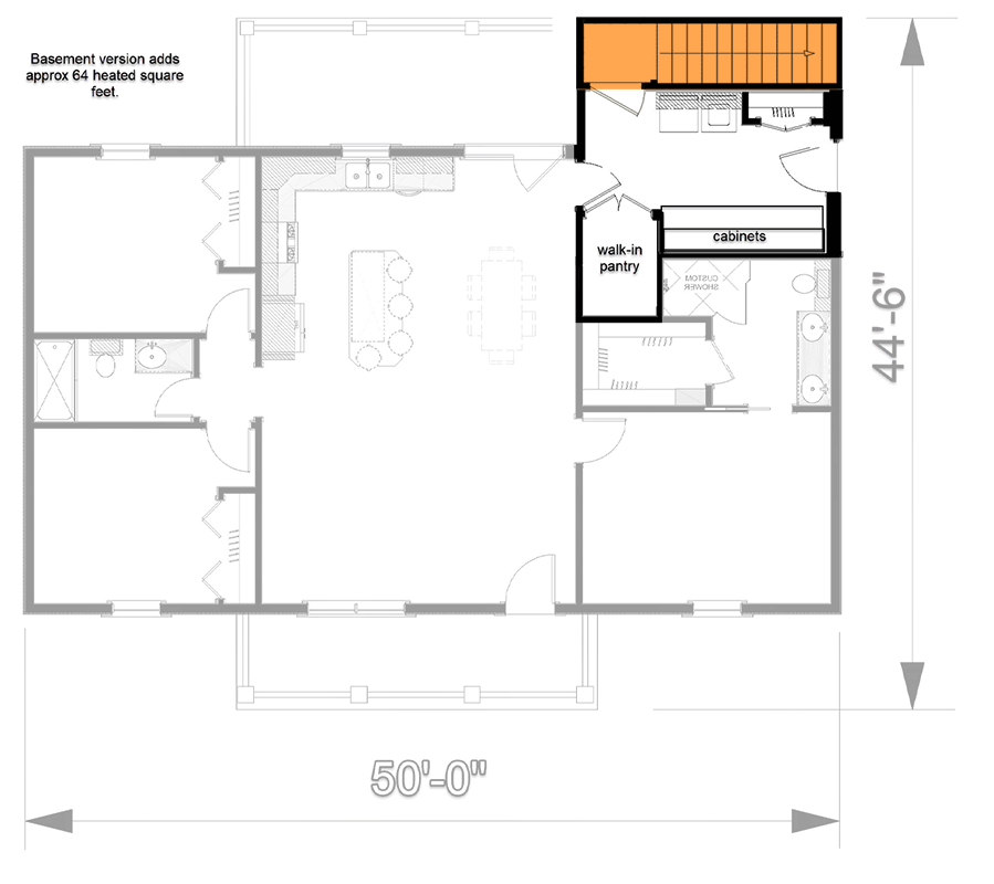 Plan 25032DH: 1425 Square Foot Country Home Plan 3 Beds in a Split Layout - Floor Plan - Basement Stairs Location - Cottage, Country, Rustic, Traditional, Vacation