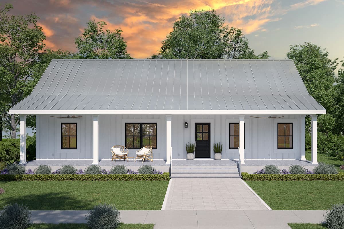 House plan exterior of a one-story Modern Farmhouse with a metal gable roof, wide front porch, and board and batten siding.
