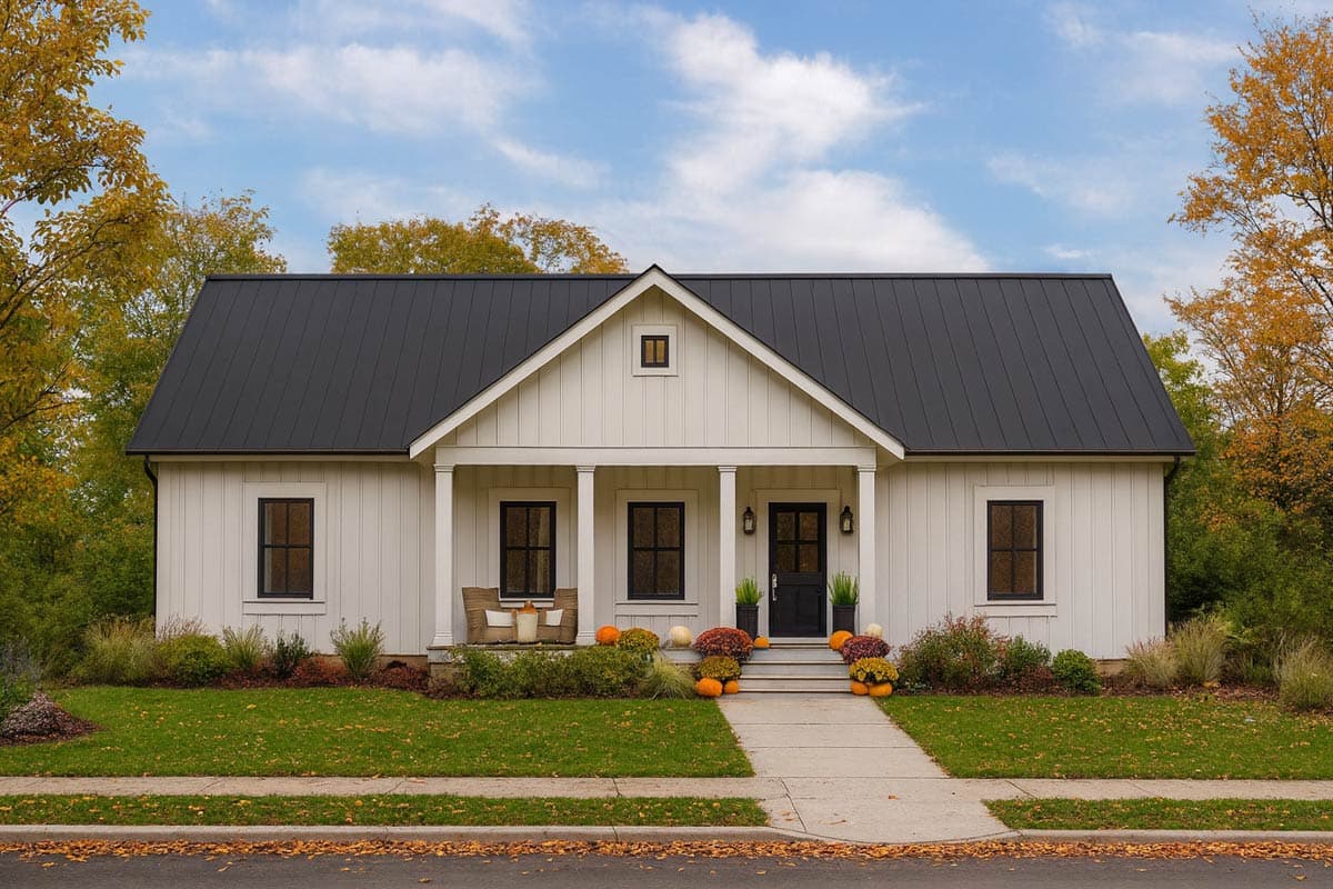 House plan exterior. One-story farmhouse with a front porch supported by columns. Features include gabled roof and black window frames.