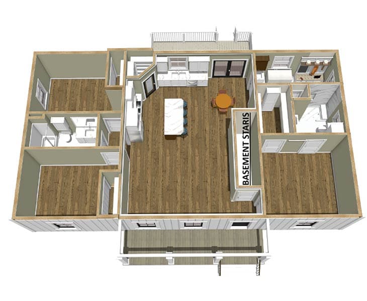 Plan 25033DH: 1620 Square Foot 3-Bed Home Plan with Split Bedrooms - Floor Plan - 3D Main Level - Basement Stairs Location - Cottage, Country, Craftsman, New American