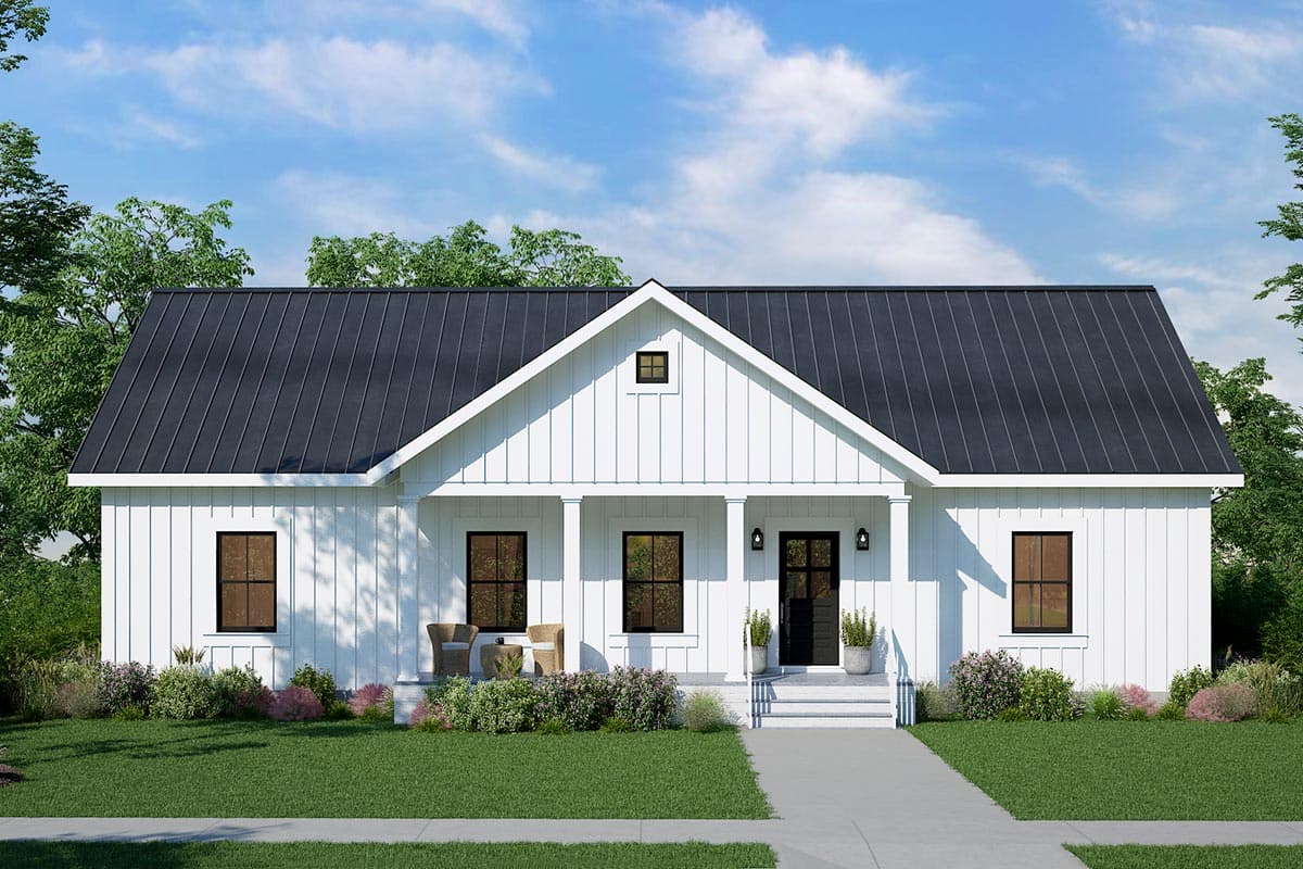 Modern Farmhouse style house plan exterior with a prominent gable, metal roof, and a covered front porch with four columns.