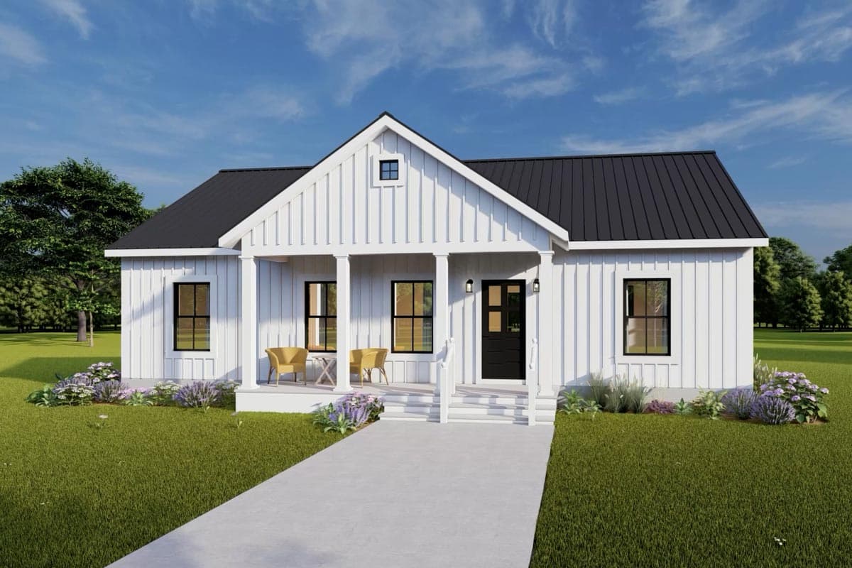 House plan exterior: one-story Modern Farmhouse with board-and-batten siding, metal roof, and covered front porch.