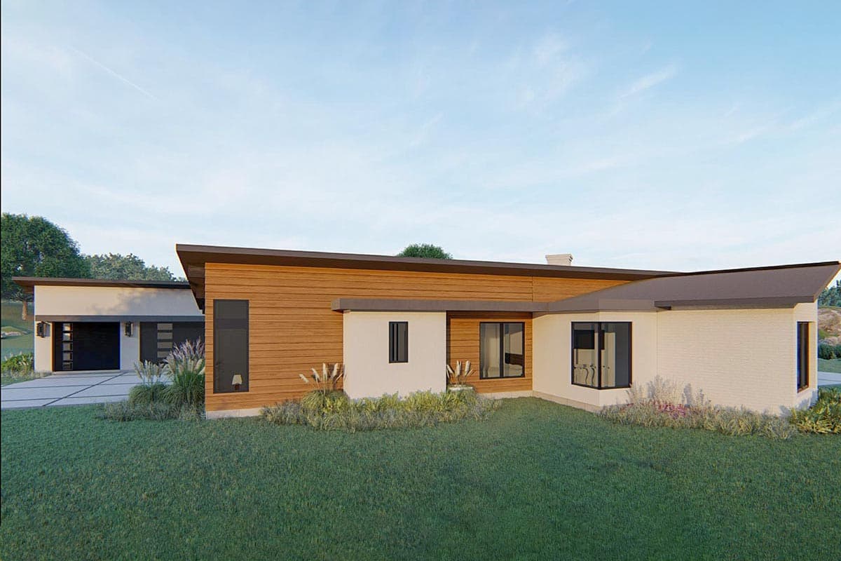 Modern house plan exterior with wood siding, stucco, brick, flat rooflines, and attached garage.