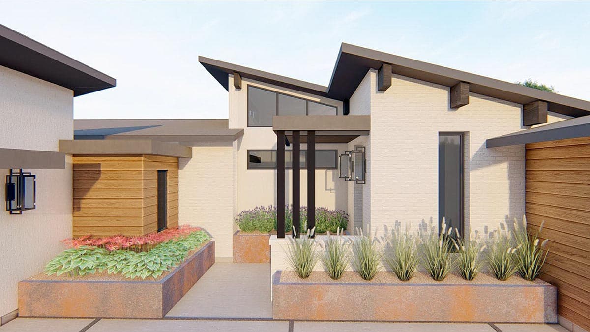 Modern house plan exterior with a distinctive angled roofline, brick facade, wood accents, and geometric lighting.