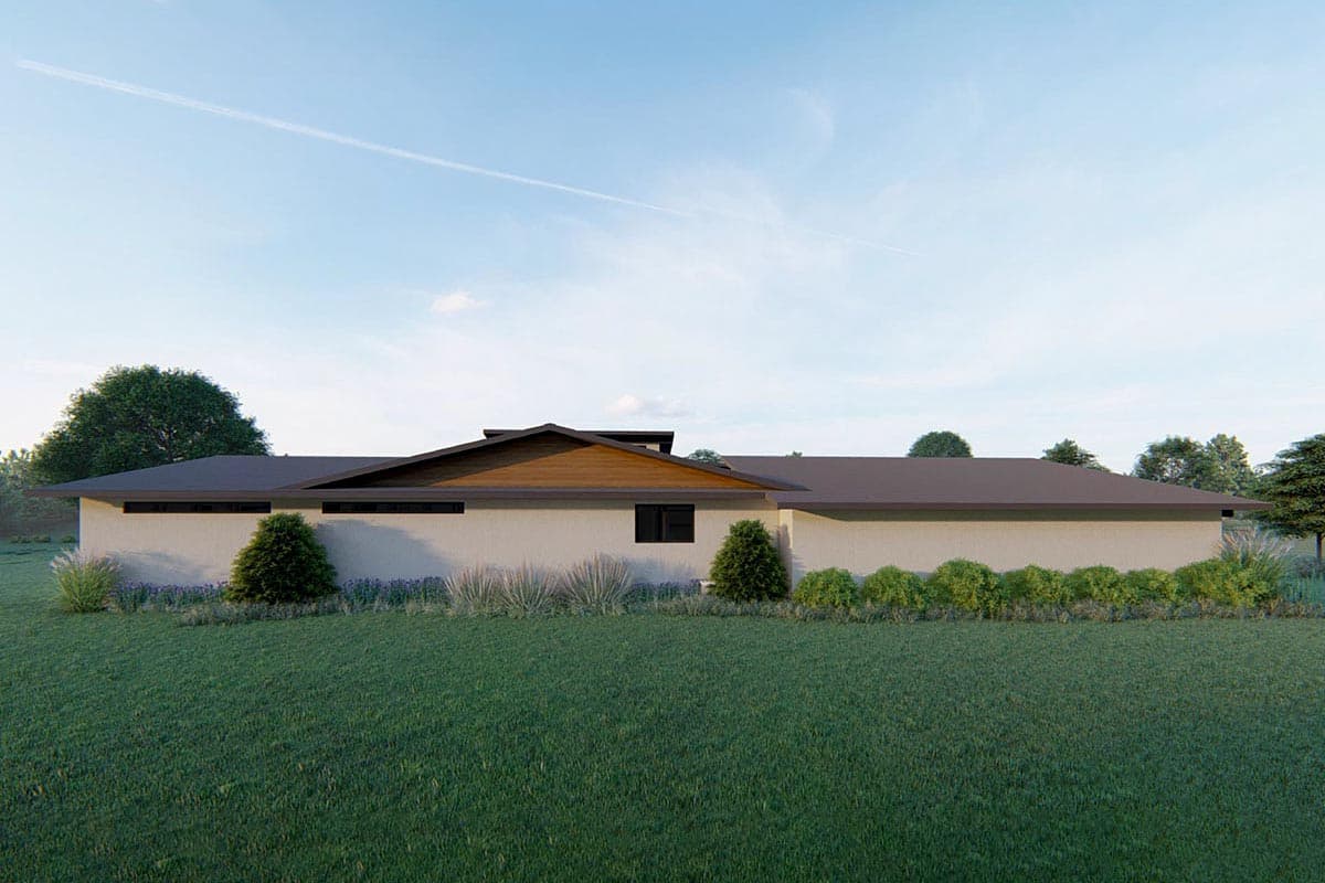 House plan exterior, one story, Modern style with a low-pitched roof and prominent wood soffits.