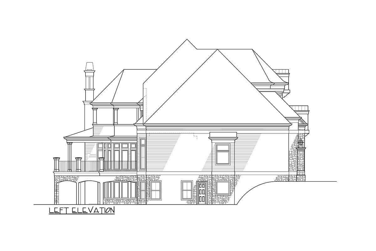 Left elevation drawing of a multi-story house plan with arched openings, a covered balcony, and varied rooflines.