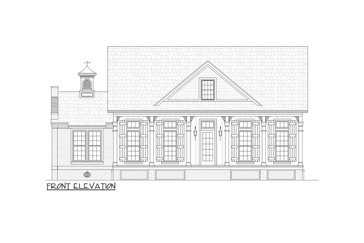 Front elevation house plan with a steep gable roof, dormer window, full-width covered porch with columns, and a cupola.